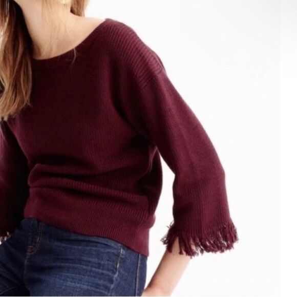 J CREW Burgundy red Fringe Sleeve Knit Sweater 100% cotton crew neck M - Picture 2 of 9